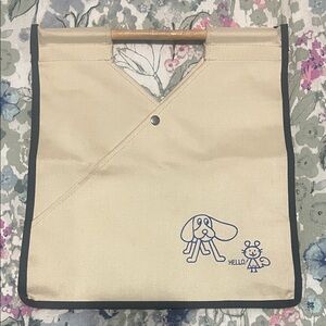 Canvas Tote Bag with Wood Handle and Cute Dog Print